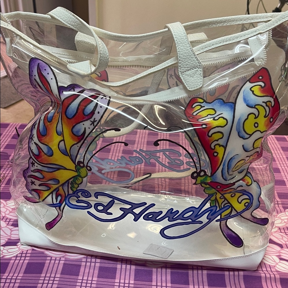 Ed Hardy Transparent Tote with Multicolor Butterfly